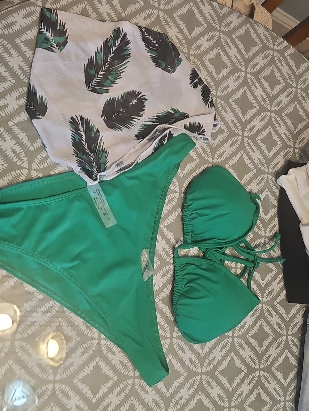 Green Women's Bikini Set with Feather Print Cover-Up